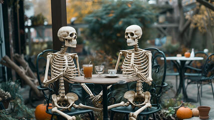 Fototapeta na wymiar Two gentlemen skeletons enjoy a leisurely tea time chat, reminiscing about the good old days, Generative Ai.
