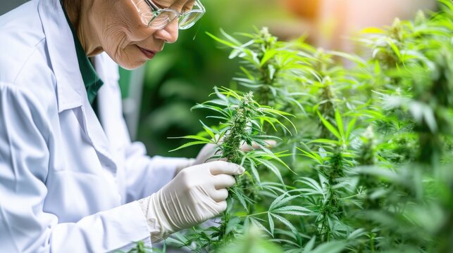 doctor with plant, Elderly Asian female scientist grows medical cannabis in a science lab, carefully checking the quality of the plants.