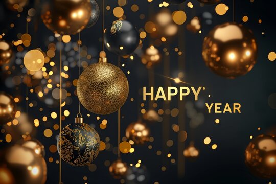 New year party invitations card with gold balls and balloons on black background, with text that says Happy Year, in the style of 32k uhd, luxurious flat design.