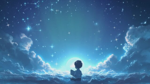 animation of a child reading a book on the clouds, animation. seamless looping time-lapse animation video background