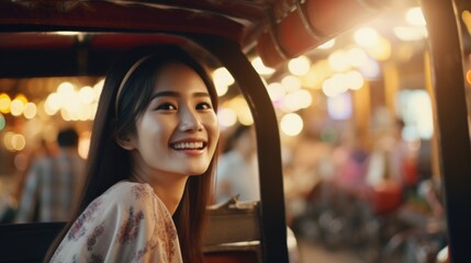 portrait of a person in a city, portrait of Happy young tourist Asian woman enjoy three wheel open...