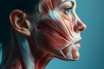 SIde view woman closeup face. Human anatomy, skin and muscles - obrazy, fototapety, plakaty