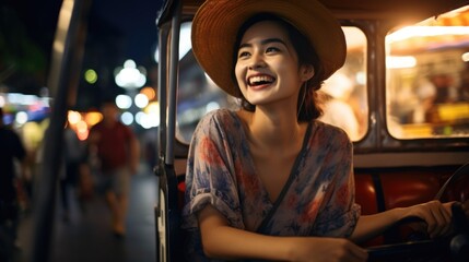 Fototapeta na wymiar portrait of a person in a city, portrait of Happy young tourist Asian woman enjoy three wheel open air taxi and fun traditional asian street food at night Bangkok Chinatown