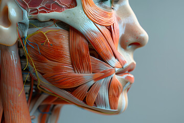 SIde view woman closeup face. Human anatomy, skin and muscles - obrazy, fototapety, plakaty