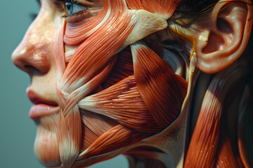 SIde view woman closeup face. Human anatomy, skin and muscles - obrazy, fototapety, plakaty