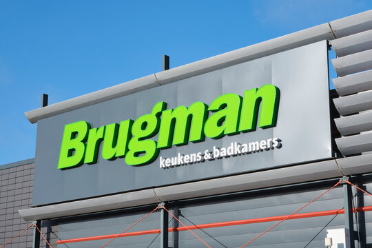 A Brugman Keukens logo on a shop facade. A Dutch company and active in the sale and installation of kitchens and in the furniture and bathroom sector. 
