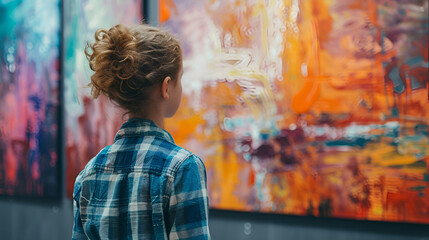 Unrecognizable child looking at modern art painting in gallery, captivated by abstract forms and vibrant colors, Generative Ai.

