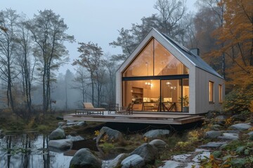 Serenity in the Mist A Cozy Cabin Surrounded by Woods and a Tranquil Pond on a Foggy Day