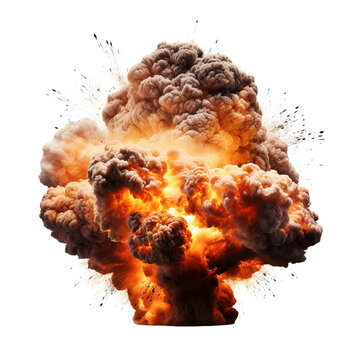 Numerous pictures of large bomb exploding with fire isolated on transparent background