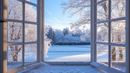 Frost-covered window, winter wonderland view