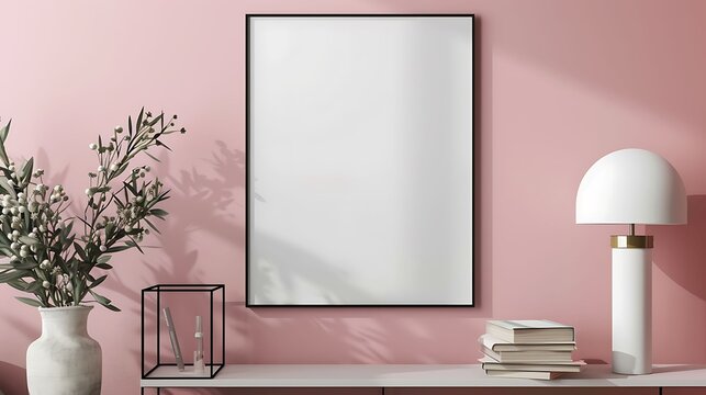 A mockup poster blank frame hanging on a soft blush pink wall, above a minimalist wireframe book rack, Minimalist-style living area