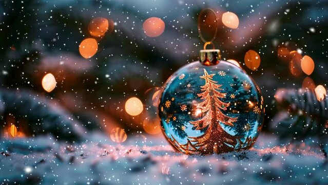 Christmas ornaments ball. Set Transparent glass Christmas balls. Falling snowflakes. Falling snowflakes effect. Noel. Loop. Christmas tree.