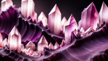 Translucent mauve colored quartz like cluster with faceted crystal point formations on layers of dark purple rock. Detailed macro closeup. - obrazy, fototapety, plakaty