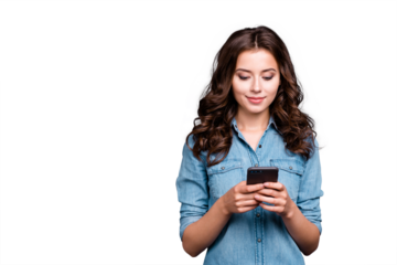 Content calm trendy nice cute adorable lovely attractive brunette caucasian girl with wavy hair in casual denim shirt, playing game in phone, isolated over grey background
