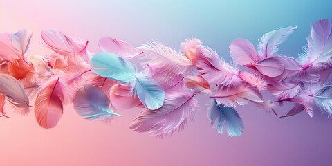 pastel colored feathers flying, soft pastel pink green blue purple colors