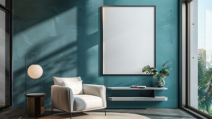 A mockup poster blank frame hanging on a serene ocean blue wall, above a sophisticated floating shelf, Minimalist-style living area