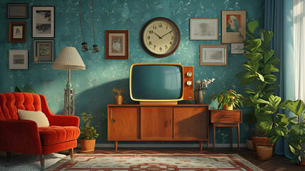 Vintage interior of living room with couch, armchair, and classic decor, evoking nostalgia and comfort. Generative AI

