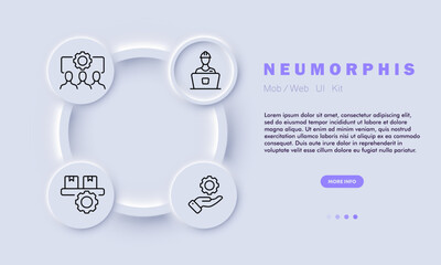 Cogwheel line icon. Mechanical, metal, plastic, helical, spur, bevel, helmet, hand, boxes, delivery. Neomorphism style. Vector line icon for business and advertising