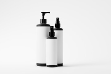 three cosmetic bottle mockup set featuring two spray bottles and a pump bottle.