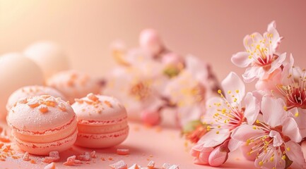 Fototapeta na wymiar Pastel gradient backgrounds for Easter and Spring. Macaroons, desserts, flowers