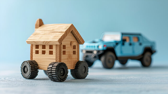 Small wooden house and Hummer on light blue background, surrounded by lush greenery, creating a serene countryside scene, Generative Ai.


