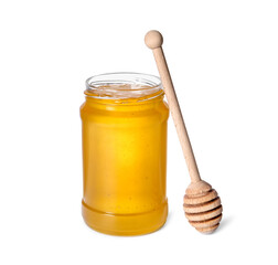 Tasty natural honey in glass jar and dipper isolated on white