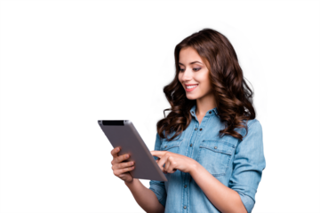 Profile side view of nice cute intelligent cheerful delicate winsome lovely magnificent girl with wavy hair in casual denim shirt, typing in digital portable computer, isolated over grey background