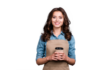 Nice cute positive delicate sweet winsome lovely attractive stylish girl, barista with wavy hair in casual denim shirt and apron, rest, pause, relax, isolated over grey background