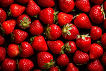 red ripe strawberries background, close up, top view.