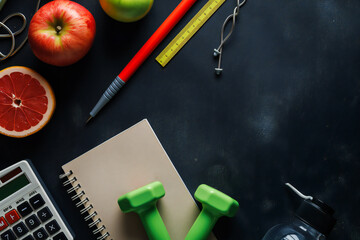 Ration Healthy Food apple and grapefruit green dumbbell notebook with space for recording 