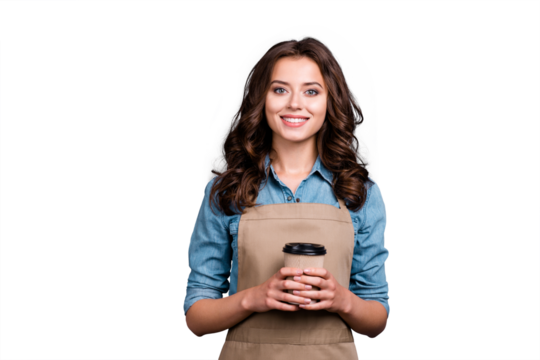 Nice cute positive delicate sweet winsome lovely attractive stylish girl, barista with wavy hair in casual denim shirt and apron, rest, pause, relax, isolated over grey background - Powered by Adobe