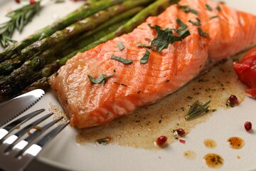 Tasty grilled salmon with asparagus and spices on plate, closeup