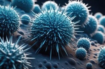 Blue Virus and Bacteria Cells Under Microscope - Microorganism Disease 3D Vizualization