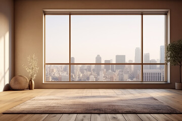Modern interior design room with panoramic cityscape view through large window