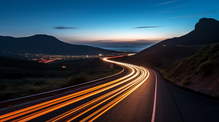 Long exposure captures light trails on a winding road at dusk - obrazy, fototapety, plakaty