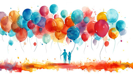 Watercolor 50th Birthday Clip Art with 50 Figures and Balloons, Celebration Party Decoration Elements, Generative AI

