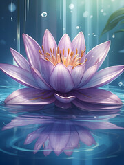 A close-up view of a purple lotus flower floating on the surface of a calm body of water