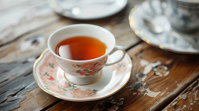 A cup of tea with a floral design rests on a wooden table. The tea is amber-colored, possibly black or oolong. The table has a rustic look, and soft natural lights