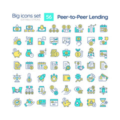 Peer-to-peer lending blue RGB color icons set. Investment. Obtain loans directly from individuals. Finance. Isolated vector illustrations. Simple filled line drawings collection. Editable stroke