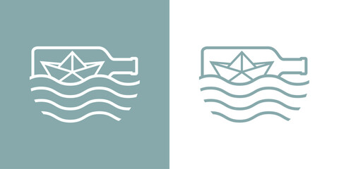 Logo Nautical. Silueta de barco de papel lineal estilo origami en botella con olas de mar - obrazy, fototapety, plakaty