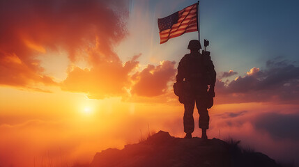 Sunrise silhouette of a soldier holding the USA flag against a vibrant sky, symbolizing patriotism and pride, Generative Ai.

