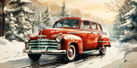 Red retro car on the road in snowy forest at winter at sunny day with Christmas mood. Holiday Journey: Red Vintage Car in Sunny Winter Forest
