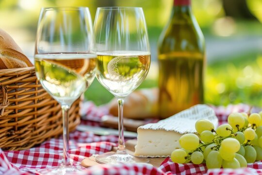 close up photo of two glasses of white wine, a bottle of wine, baguette, cheese, grapes and a picnic basket on background standing on red gingham tissue on green sunny lawn