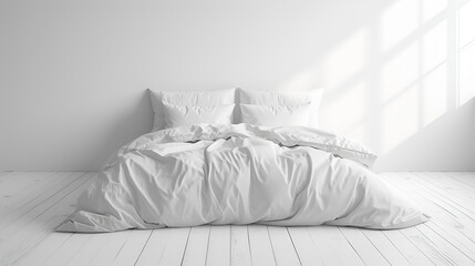 White bed with white pillows, duvet, and bedding, inviting serenity and comfort. Generative AI


