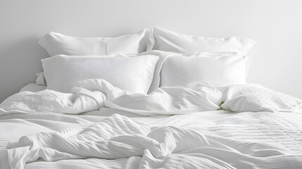 White bed with white pillows, duvet, and bedding, inviting serenity and comfort. Generative AI

 - obrazy, fototapety, plakaty
