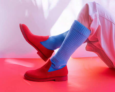Striking Red Shoes with Sky Blue Socks, Dynamic Style