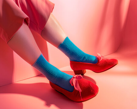 Fototapeta Vibrant Red Flats with Blue Socks, Fashion Contrast