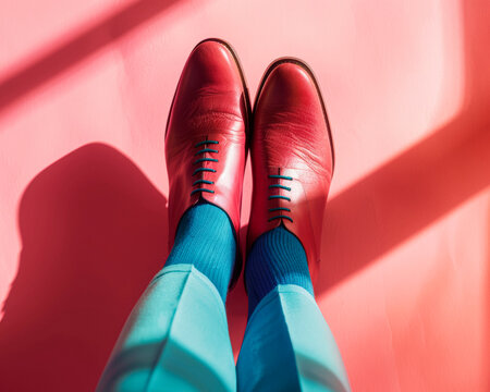 Classic Red Oxfords with Blue Socks, Retro Inspired