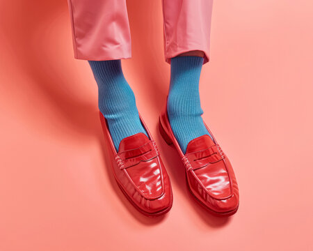 Polished Red Loafers with Sky Blue Socks, Modern Elegance