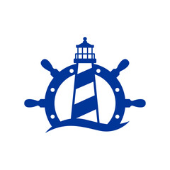 Logo Nautical. Icono de torre marítima en puerto. Silueta de timón de barco con faro de luz con olas de mar